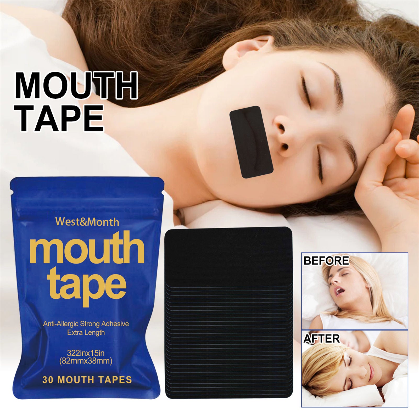 Sleep Mouth Tape Strips — Nose Breathing, Deeper Sleep, Less Snoring | 30 Night Supply